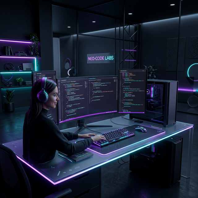 Developer coding at a modern setup